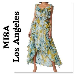 Misa Los Angeles Blue and Yellow Ruffle Maxi Dress